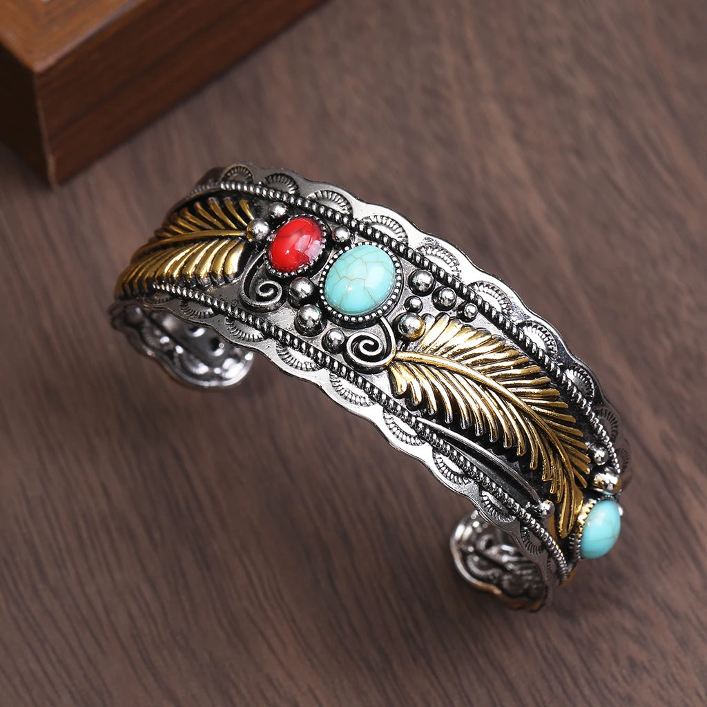 Alloy Oval Turquoise Bracelet Vintage Gold Silver Atmosphere Calm Men And Women Companion Open Bracelet Wholesale Resale