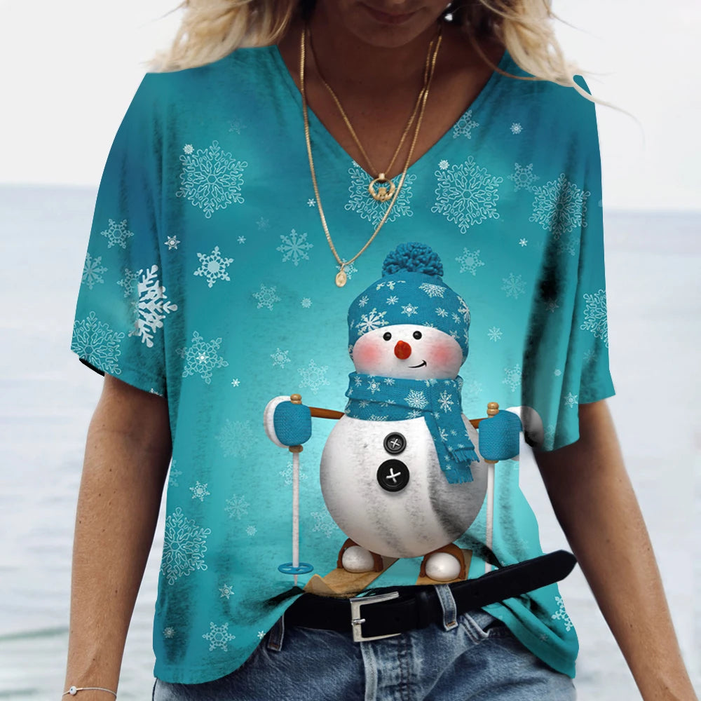 Merry Christmas Women's Short sleeved V-neck T-shirt Christmas Tree Santa Claus Letter Print Simple Trendy Trend Women Clothing