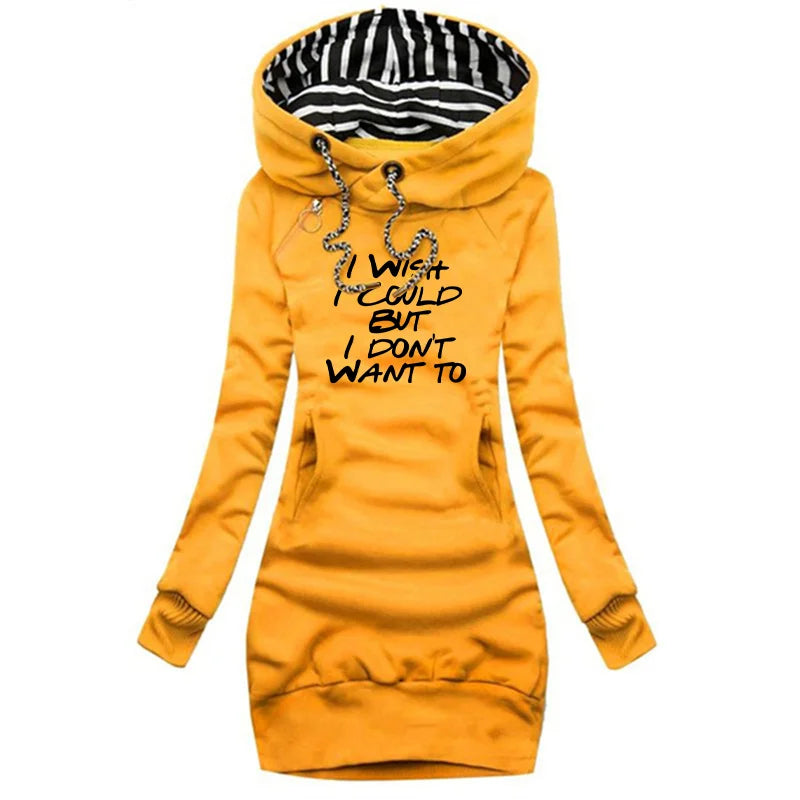 I Wish I Could But I Don't Want To Women's Long Sleeve Hoodie Dress Drawstring Pullover Top Sweatshirt