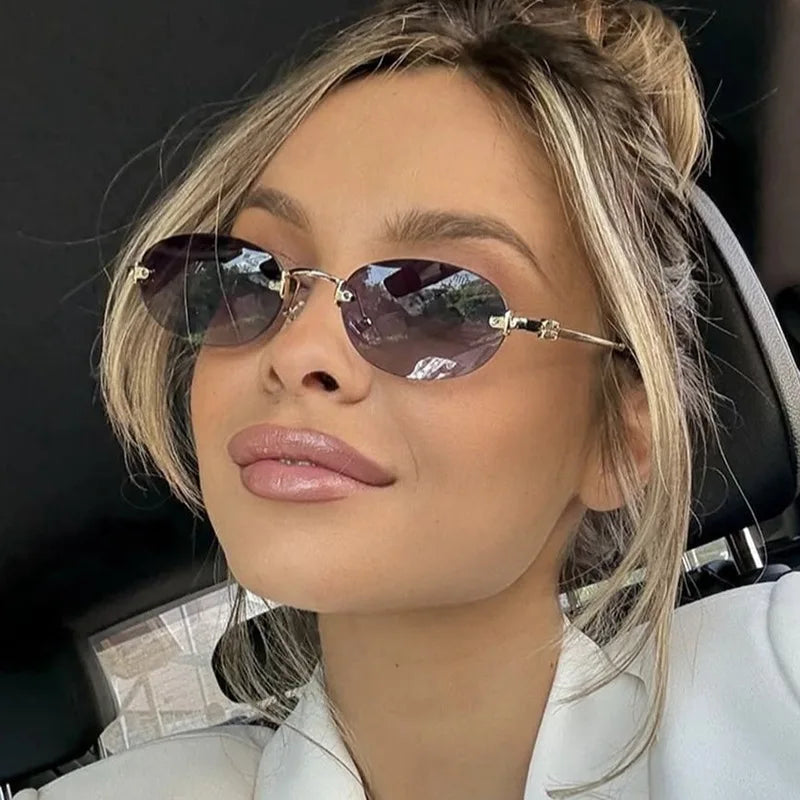 Oval Frameless Sunglasses 2025 New Sunglasses Retro Sunglasses Trendy Concave Style Hot Girl 7819