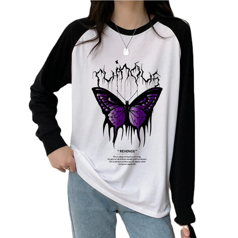 Butterfly Tree Print Long Sleeve T-Shirt All Seasons Funny Gothic T Shirt Women's Casual Print Crew Neck Top Tee Tshirt Clothing