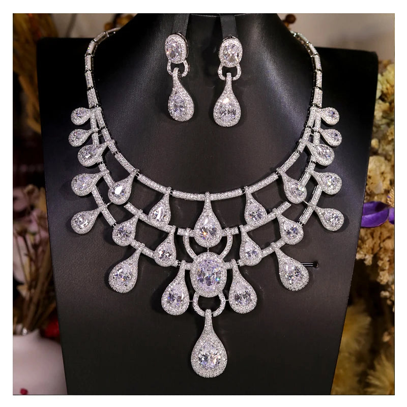 ASNORA Luxury 2PCS Big Water Drop Pendant Necklace African Jewelry Set For Women Wedding Party CZ Dubai Bridal Jewelry Indian