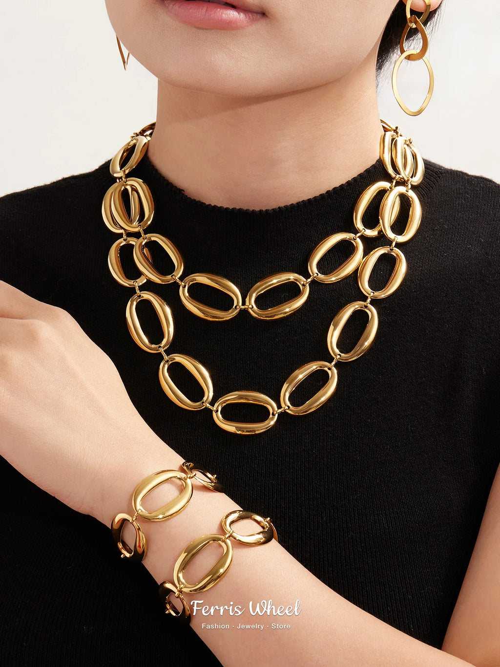 Stainless Steel Gold-Plated Oval Chain Necklace Bracelet Women's Punk Gold Color Silver Luxury Choker Waterproof Jewelry Set