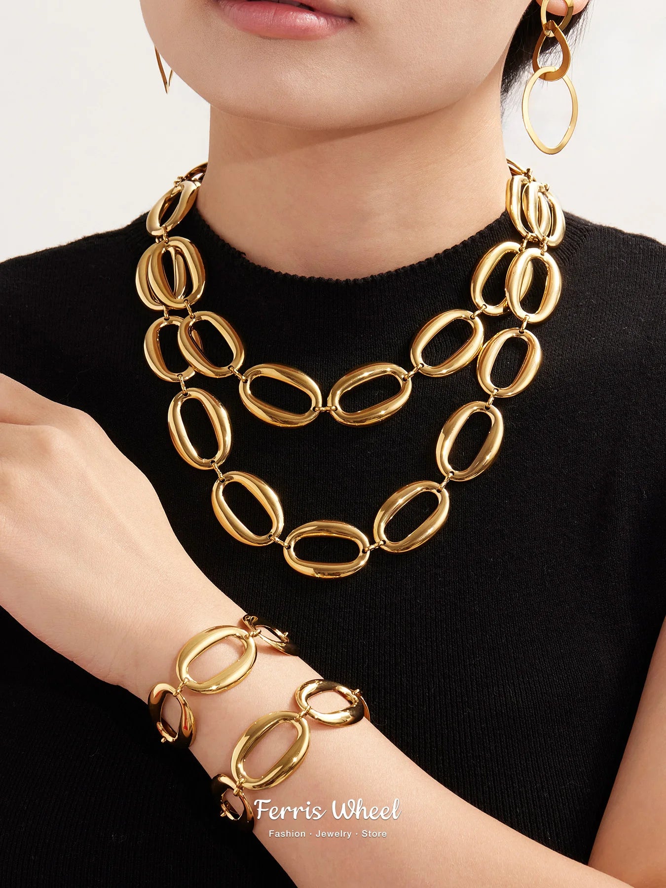 Stainless Steel Gold-Plated Oval Chain Necklace Bracelet Women's Punk Gold Color Silver Luxury Choker Waterproof Jewelry Set
