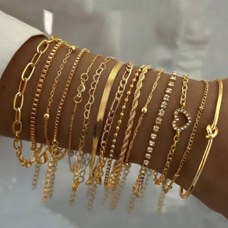 Fashion Elegant Heart Zircon Charm Bracelet Sets for Women Vintage Minimalist Multi-Element Twist Chain Metal Bracelets Jewelry