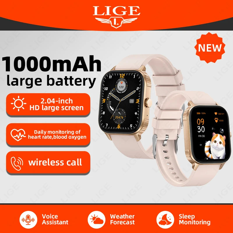 LIGE New 2.04" HD Display Health Monitor Smart Watch 2025 1000mAh Large Battery Bluetooth Call IP68 Waterproof Sports Smartwatch