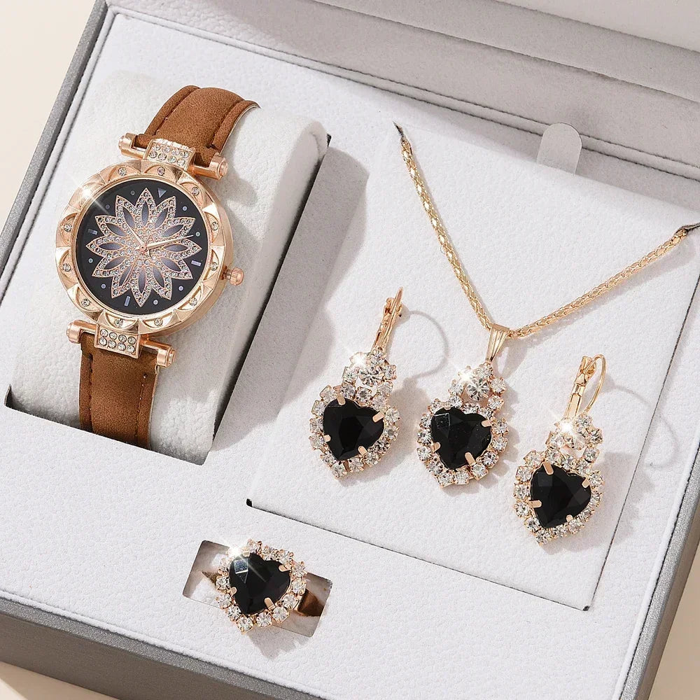 5/6PCS Set Rose Gold Luxury Watch Women Ring Necklace Earring Rhinestone Fashion Wristwatch Casual Ladies Bracelet( No Box)