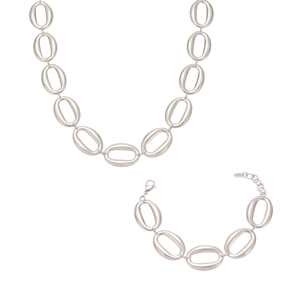 Stainless Steel Gold-Plated Oval Chain Necklace Bracelet Women's Punk Gold Color Silver Luxury Choker Waterproof Jewelry Set