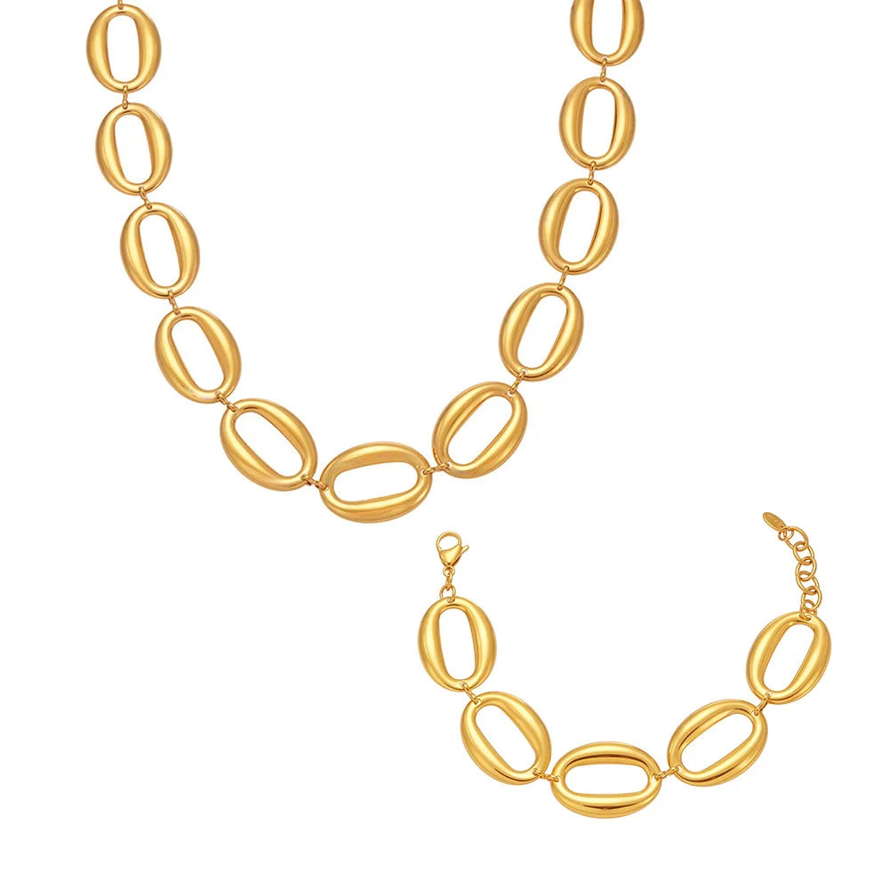 Stainless Steel Gold-Plated Oval Chain Necklace Bracelet Women's Punk Gold Color Silver Luxury Choker Waterproof Jewelry Set