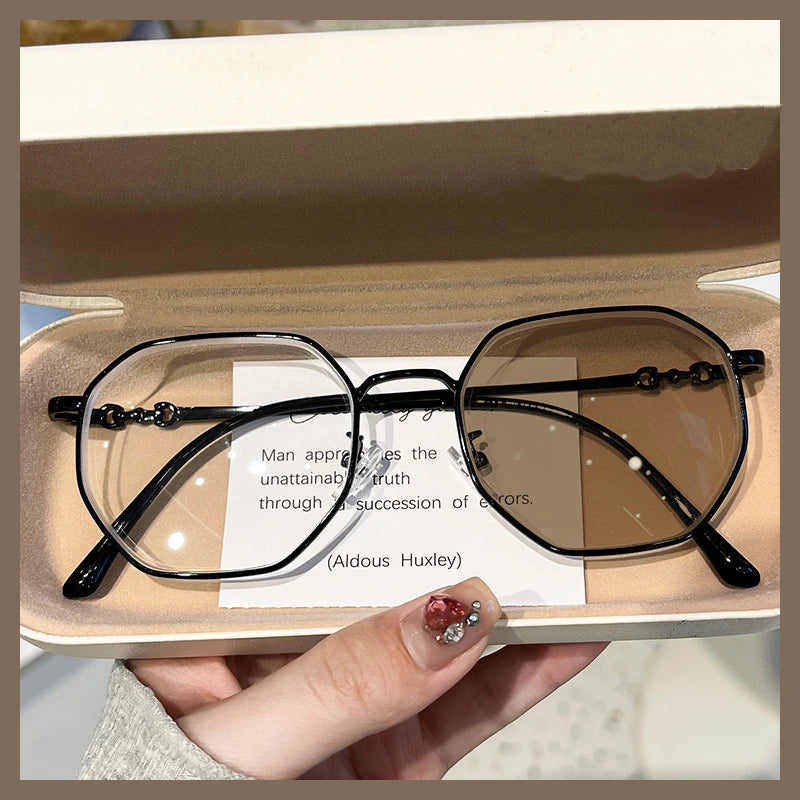 New Anti-blue Photochromic Myopia Finished Glasses Polygon Anti-ultraviolet Near-sight Eyeglasses Ultralight Vintage Glasses