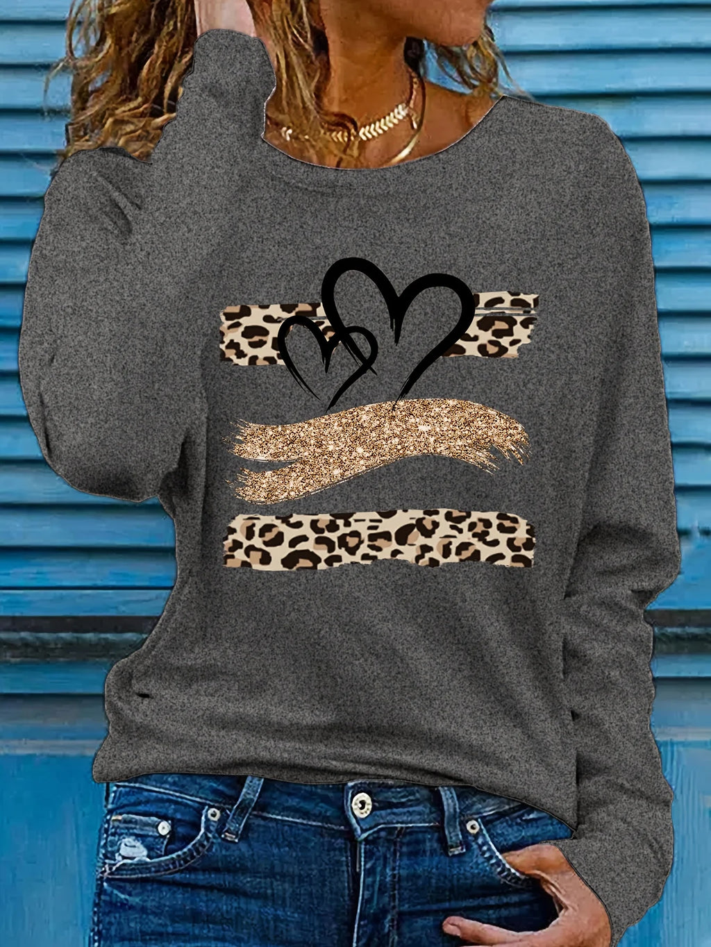 Women's Spring and Autumn 100% Cotton Fashion Casual Loose Leopard Pattern Heart Pattern Printed Round Neck Long Sleeve T-shirt