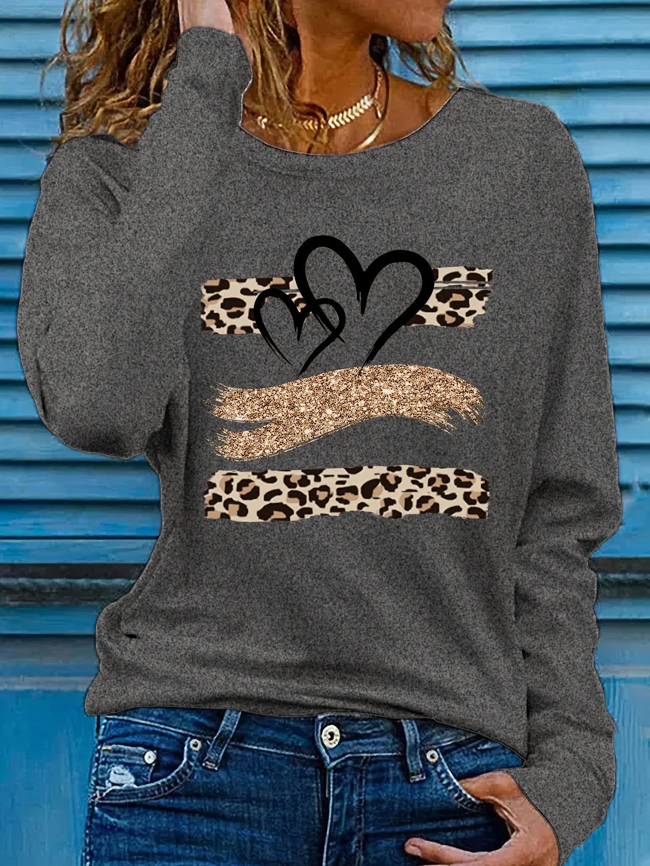 Women's Spring and Autumn 100% Cotton Fashion Casual Loose Leopard Pattern Heart Pattern Printed Round Neck Long Sleeve T-shirt