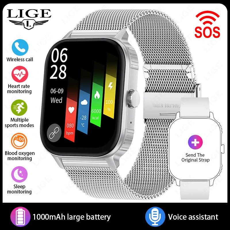 LIGE New 2.04" HD Display Health Monitor Smart Watch 2025 1000mAh Large Battery Bluetooth Call IP68 Waterproof Sports Smartwatch