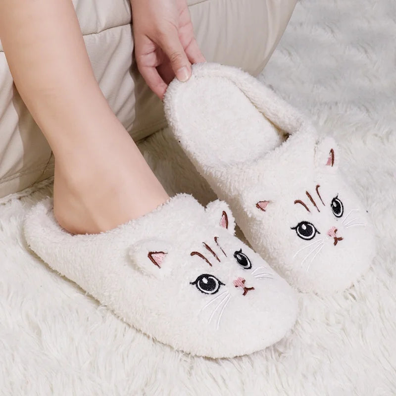 Winter Cute Cat Plush Slippers Women Indoor Comfortable Quiet Soft Sole Floor Slides Couples Winter Warm Fuzzy House Sandals