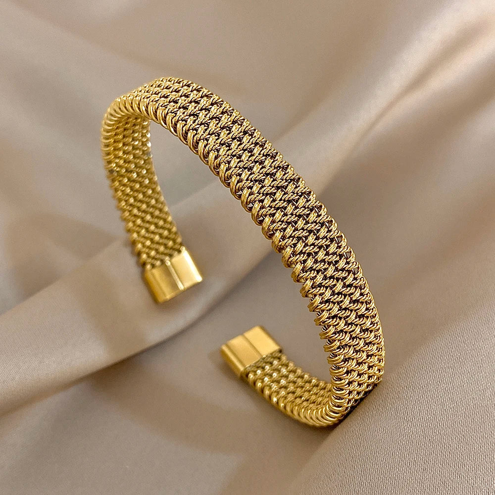 Vintage Golden Stainless Steel Weave Bracelet for Women Men Trendy 5 7 10 14mm Size Chunky Bangle Bracelets Waterproof Jewelry