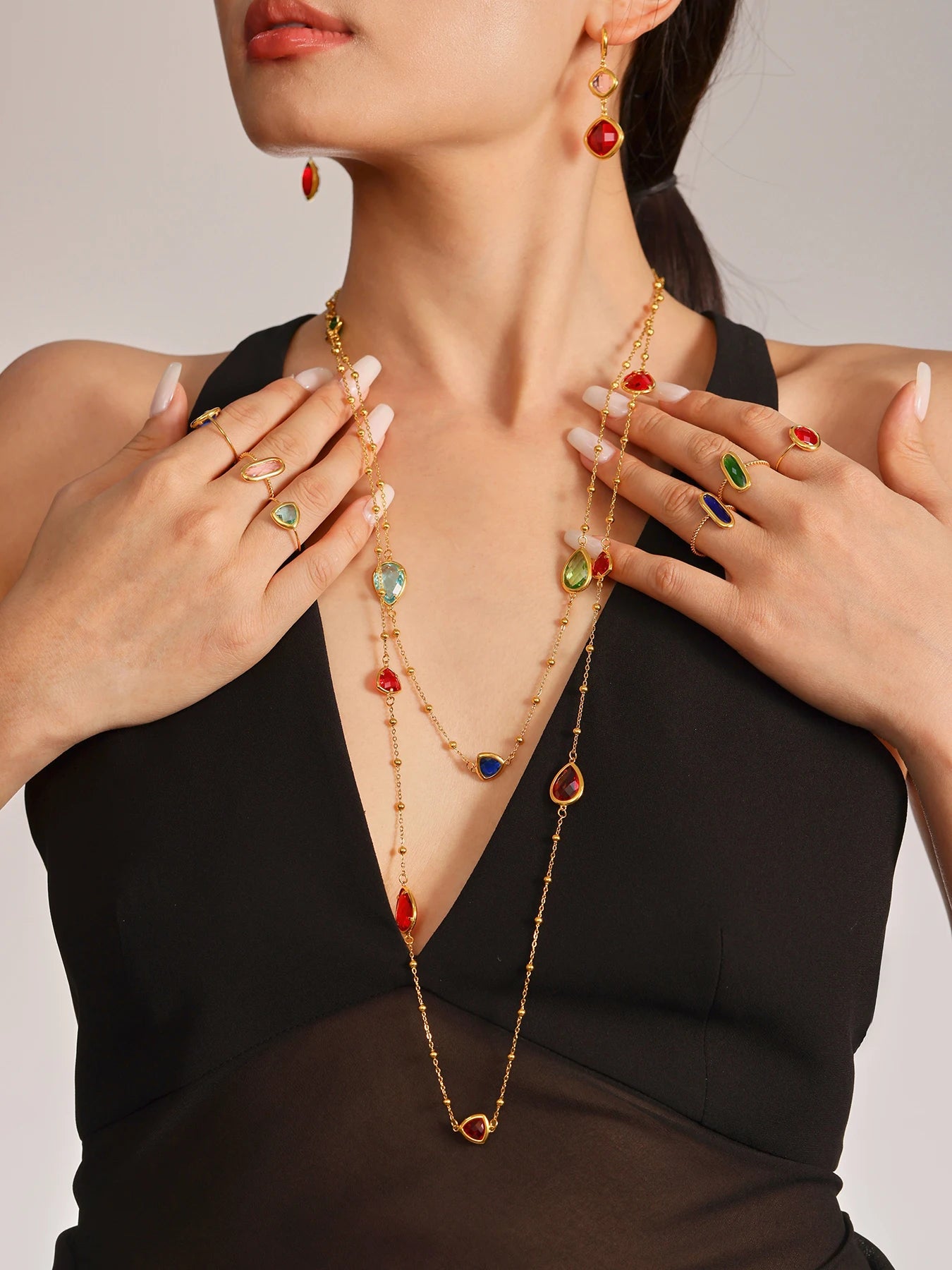 Colorful Waterdrop Stainless Steel Necklace for Women Luxury Czech Glass Gold Plated Cuff Open Bangle Charm Jewelry