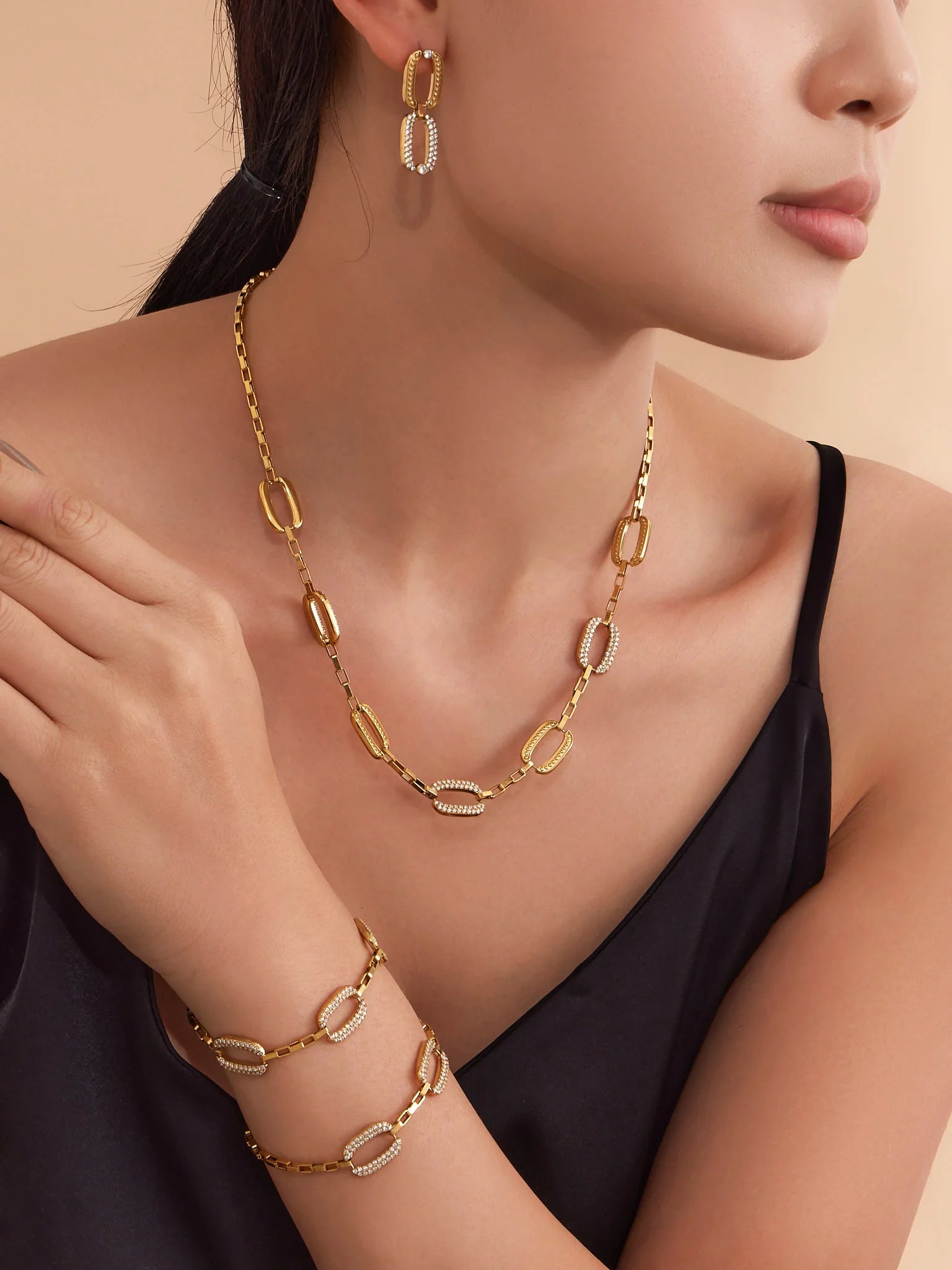Stainless Steel Chain Necklace Bracelet Matching Earring For Women 18k Gold Plated With Zircon Necklaces Bracelets Earrings Set