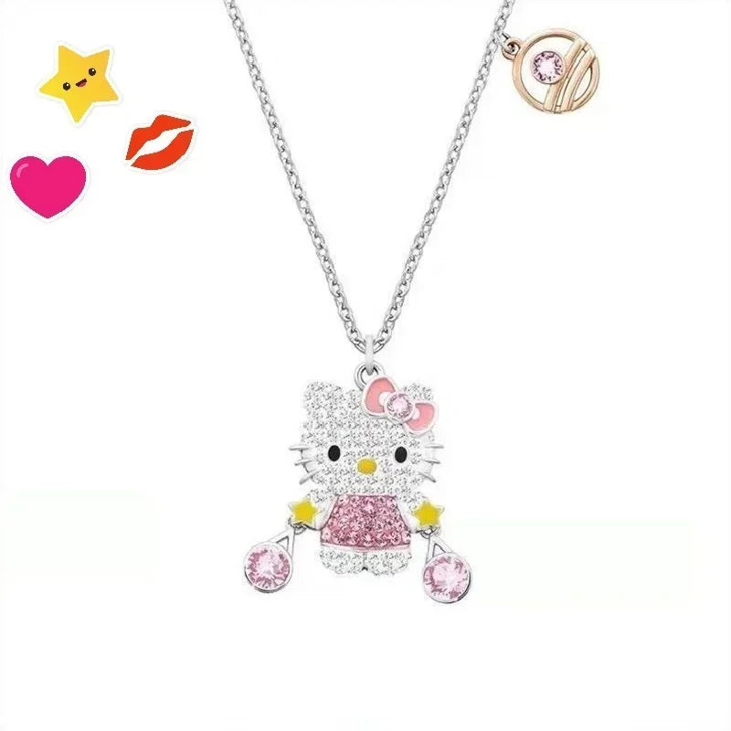 Sanrio Hello Kitty Necklace Anime Character Pink Peach Heart Crystal Cat Push-Pull Bracelet Pendant Couple Decoration Girl Gift