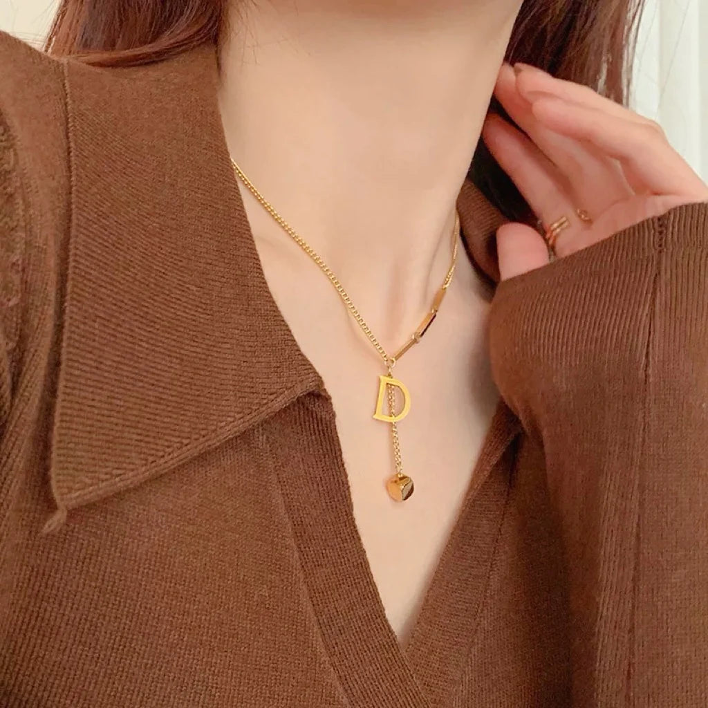 Luxury 24K 9999 Pure Gold real gold D Letter Women Necklace Geometric Square Pendant Clavicle Chain