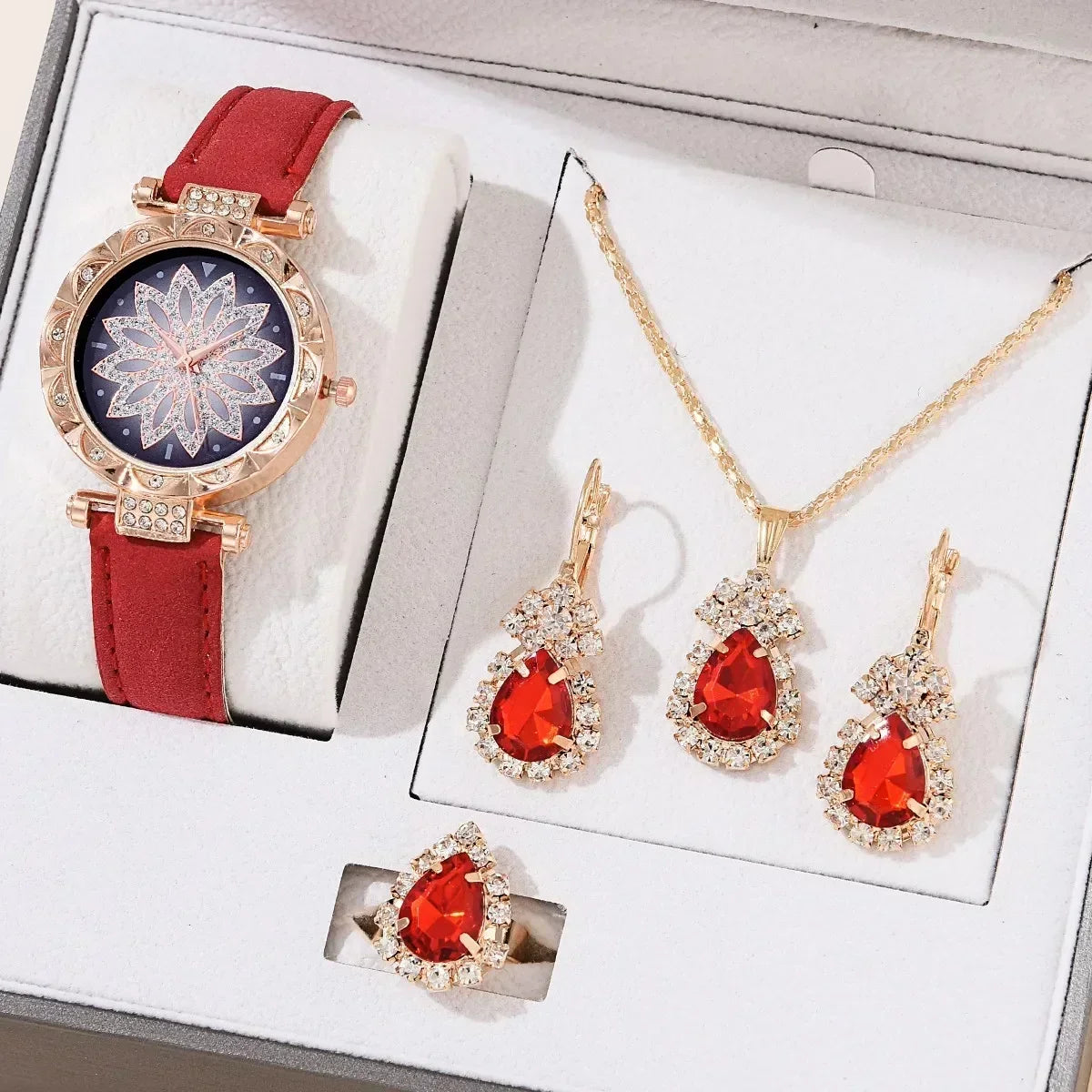 5/6PCS Set Rose Gold Luxury Watch Women Ring Necklace Earring Rhinestone Fashion Wristwatch Casual Ladies Bracelet( No Box)
