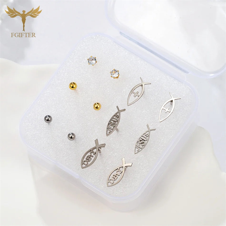 Christian Jesus Cross Earrings Zircon Balls Stainless Steel Stud Earings Set Women Men Jewelry Small Christmas Gifts With Box