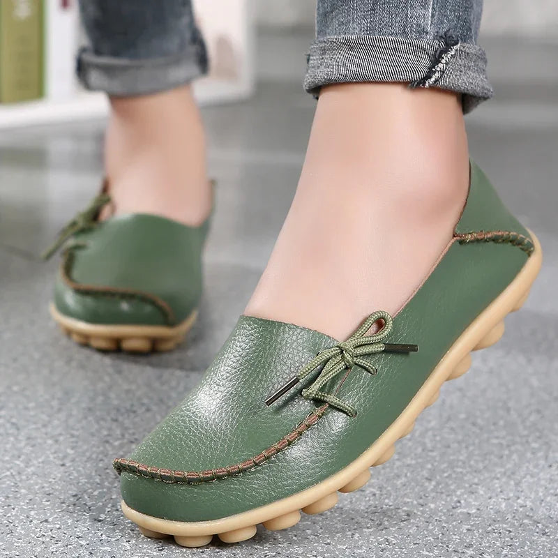 Moccasins Women Flats  Autumn New Woman Loafers Genuine Leather Female Shoes Slip on Ballet Bowtie Women's Shoes Big Size