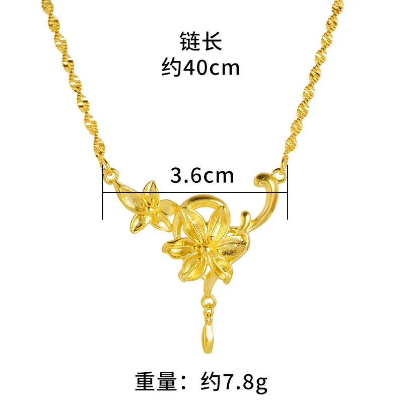 Luxury 24K 9999 Pure Gold real gold Women's Twin Flower Tassel Vine Necklace