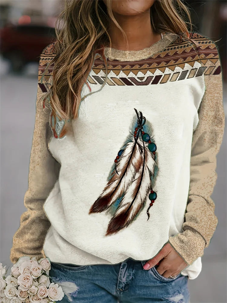 Retro Ethnic Style Women's Long Sleeve T-shirt Indian Dreamcatcher Print Women's Long Sleeve Top Everyday Casual Elegant T-shirt