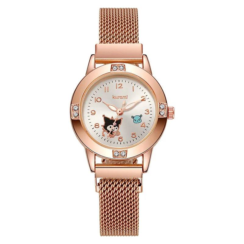 New Hello Kitty Diamond Watches Women Cat Bow Kawaii Pink Ladies Gold Sliver Metal Jewelry Cartoon Magnetic Watch Girls