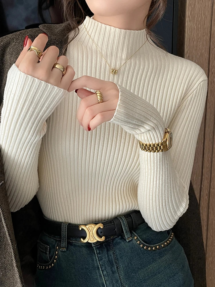 Solid Color Slim Tops Chic Autumn Winter 2025 Pullovers Women Long Sleeve Casual Turtleneck Warm Basic Sweater Knit Jumpers