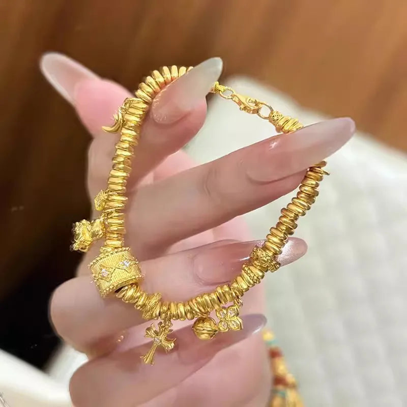 Luxury 24K 9999 Pure Gold real gold Women's Point Drill Brushed Four Mans Star Bucket Bead Bear Coil Bracelet