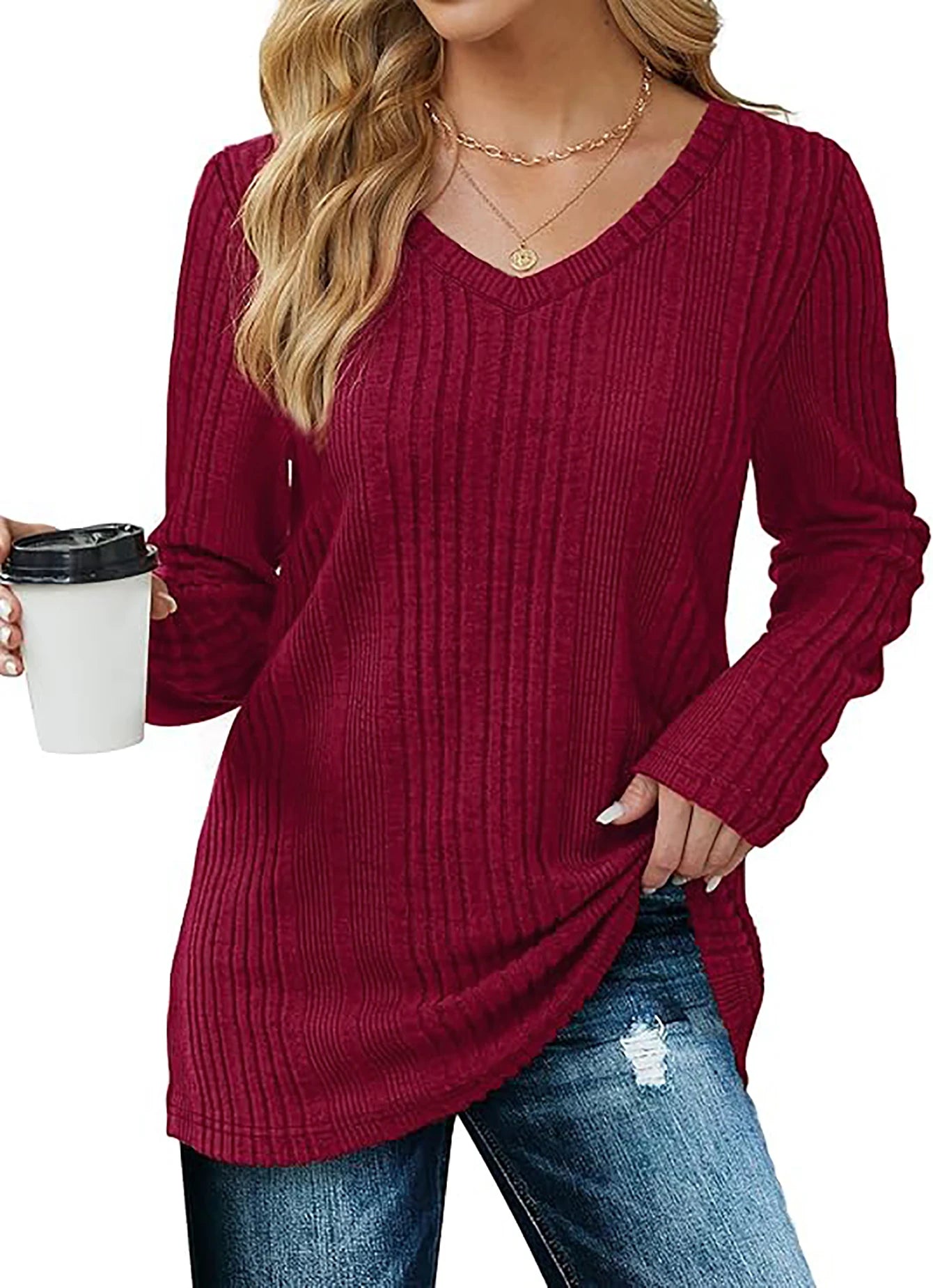 Women's knitted sweater V-neck versatile top long sleeve 2024 autumn and winter style wine red loose inner T-shirt
