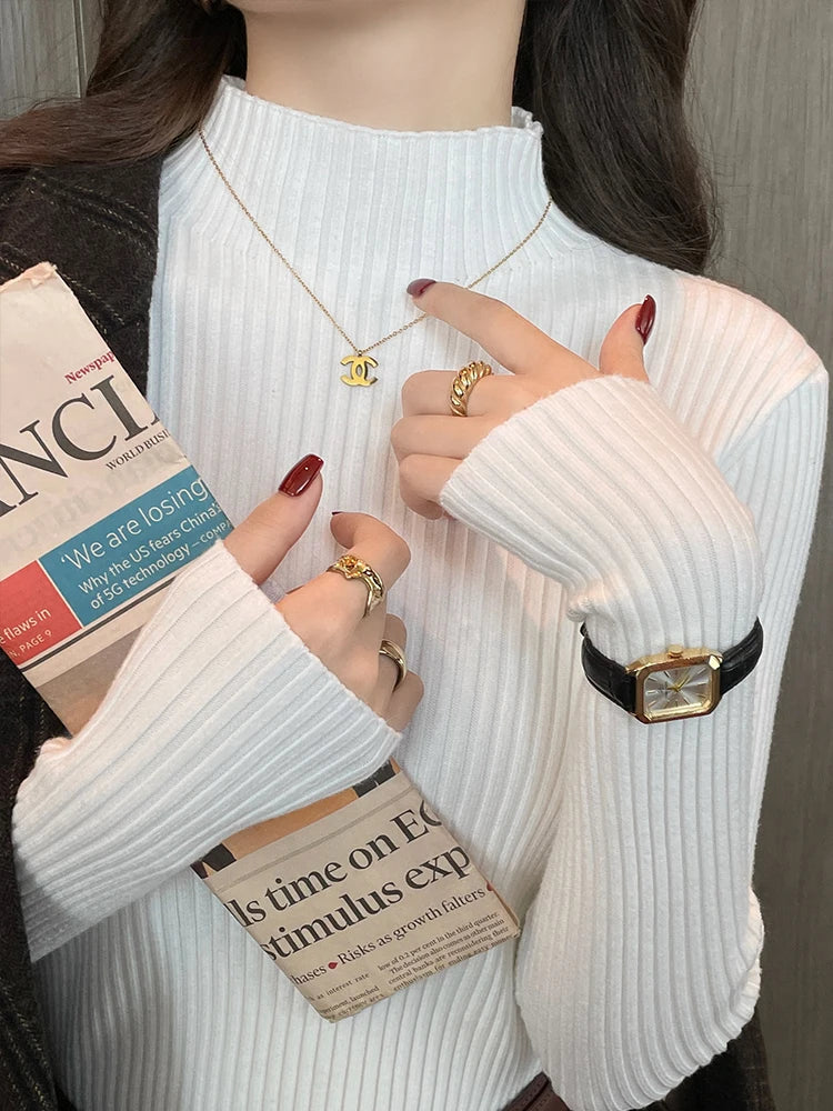 Solid Color Slim Tops Chic Autumn Winter 2025 Pullovers Women Long Sleeve Casual Turtleneck Warm Basic Sweater Knit Jumpers