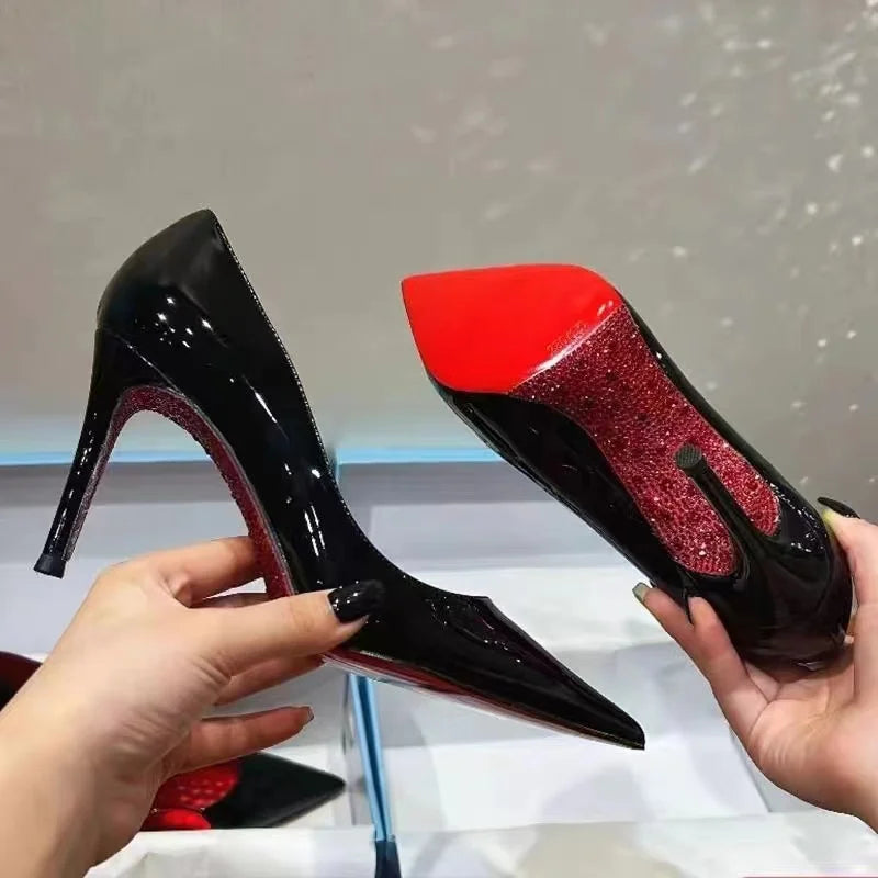 High Heels Women's Slim Heels New Stunning and Sexy Wedding Shoes Black Patent Pointed Single Shoes High Heels