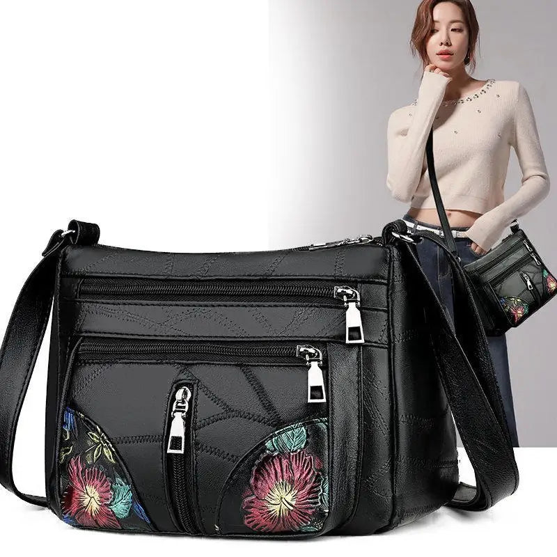 Black Shoulder Crossbody Bags Large Capacity Simple Middle-aged Women's Bag Casual Soft Flower Embroidery Bags