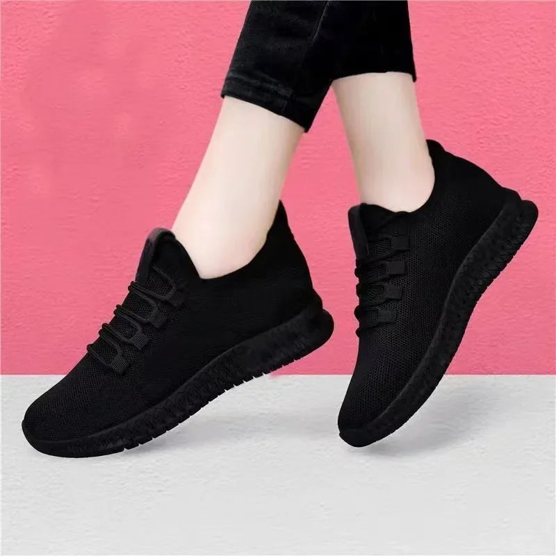 Spring and Autumn Fashionable Solid Color Breathable Round Toe Sneakers Casual and Comfortable Thick-soled Women's Shoes
