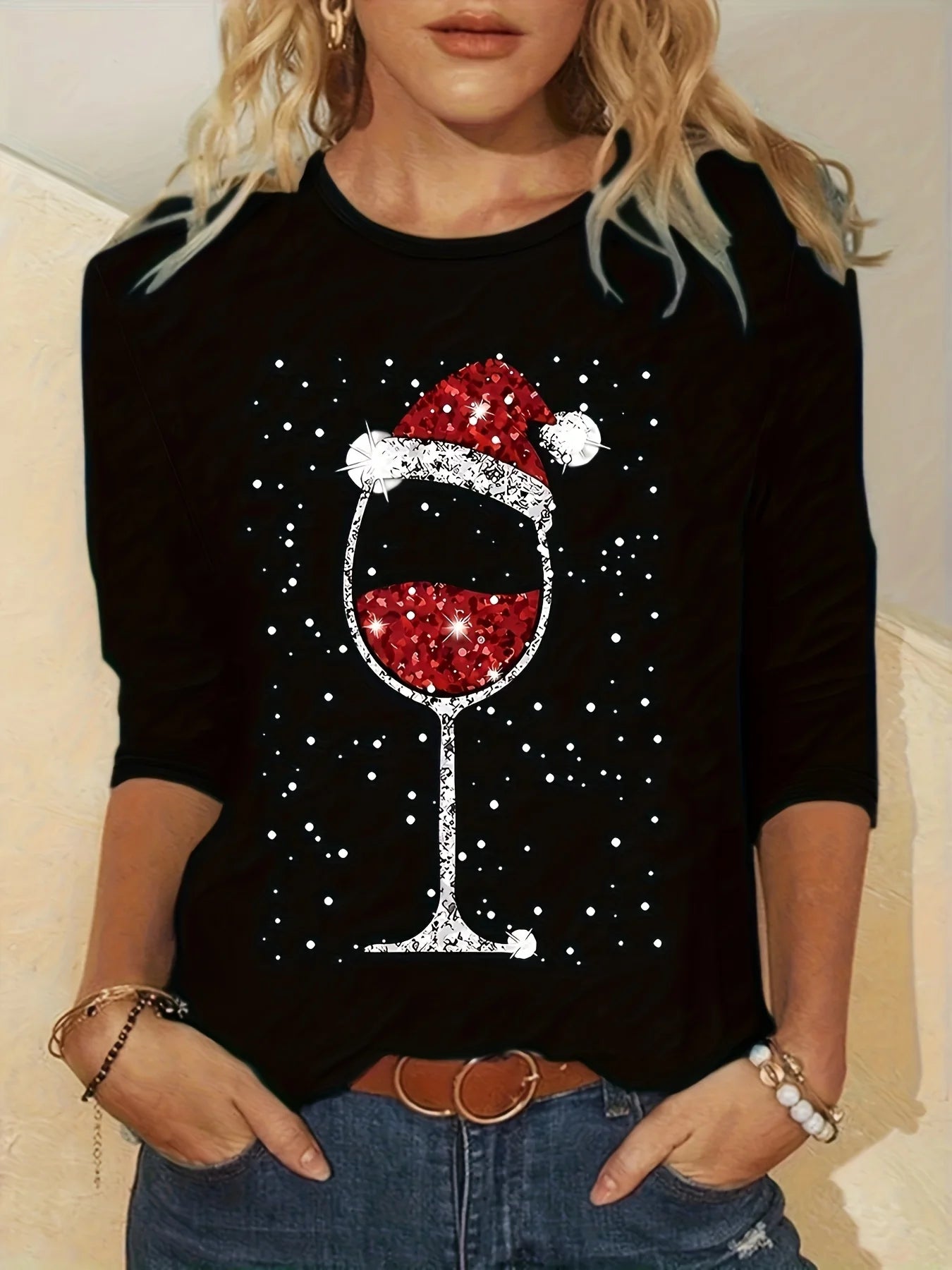 Women's Autumn 100% Cotton Casual Loose Christmas Wine Cup Christmas Hat Pattern Printed Round Neck Long Sleeve T-shirt Top
