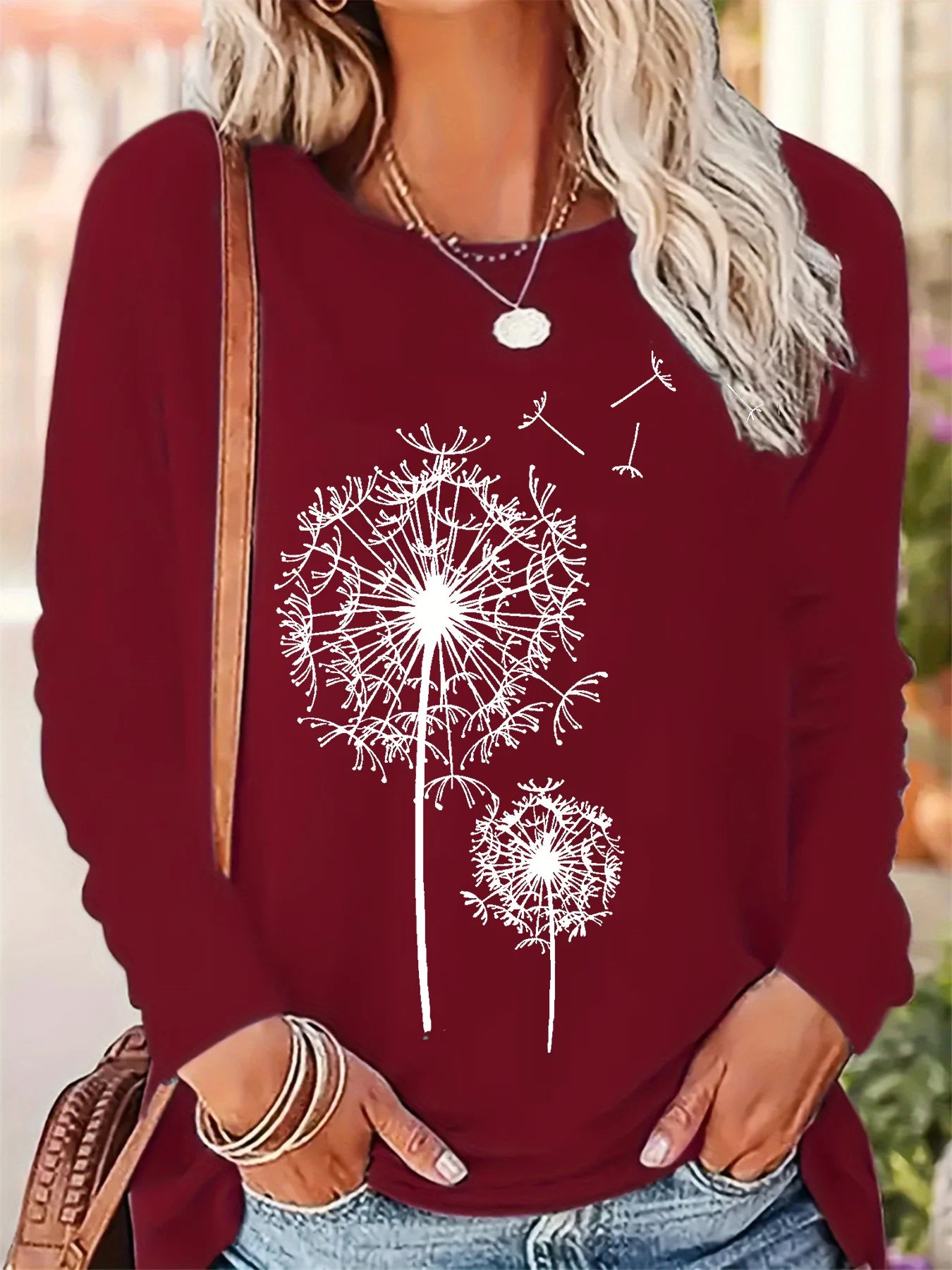 Women's Spring and Autumn 100% pure cotton fashionable casual loose dandelion pattern printed round neck long sleeved T-shirt