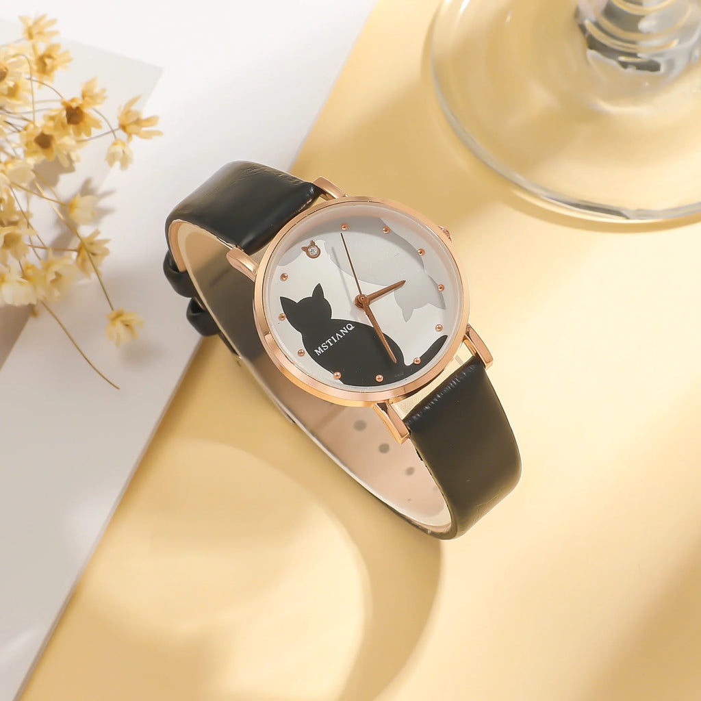 No gift box, popular elegant temperament women's fashion cat watch wristwatch   jade stone bracelet 2-piece set