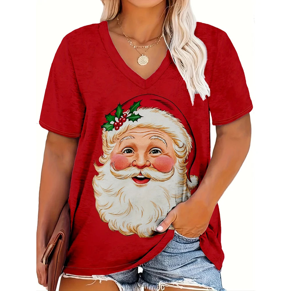 Christmas womens cartoon Santa Claus printed tops Christmas T-shirt short sleeved V-neck casual party outfit oversized women top