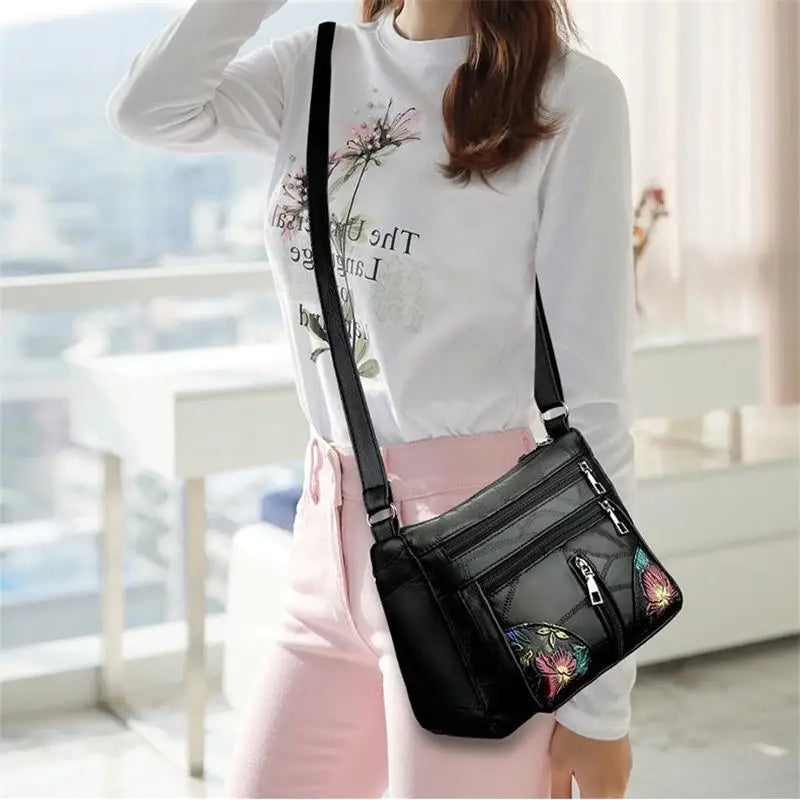 Black Shoulder Crossbody Bags Large Capacity Simple Middle-aged Women's Bag Casual Soft Flower Embroidery Bags