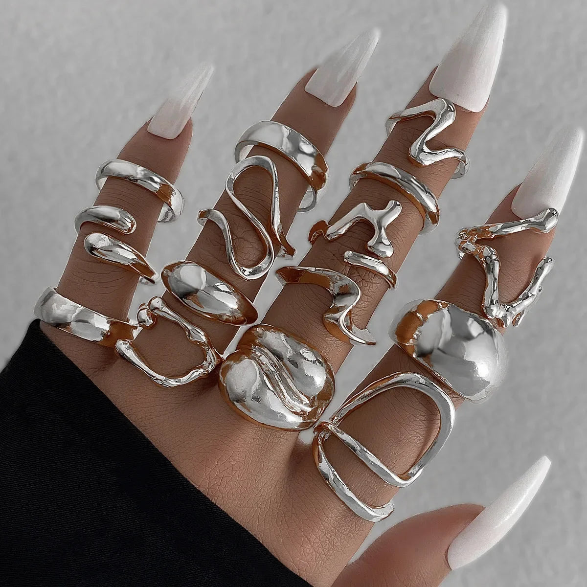 15Pcs/Set Stainless Steel Irregular Lines Water Drop Rings for Women Men Exaggerated Punk Retro Boho Fashion Jewelry Gifts