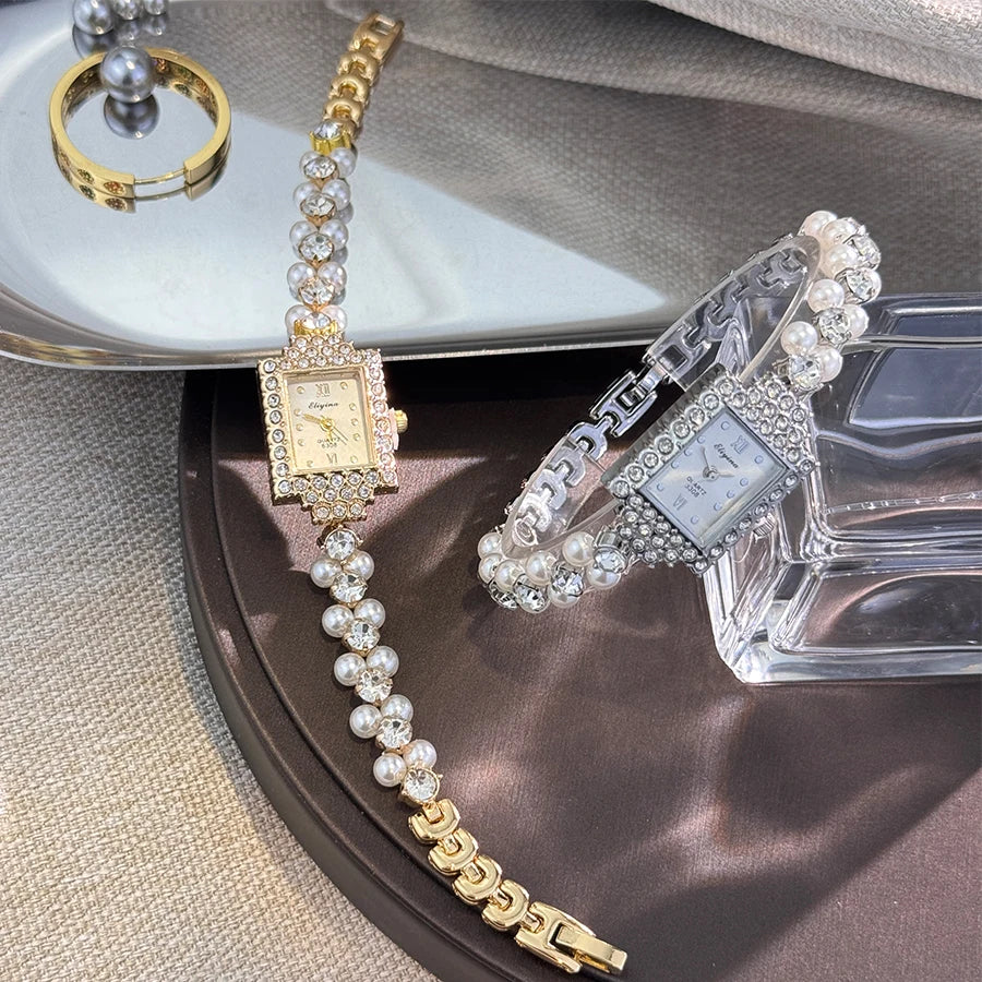 French Romantic Double-Row Exquisite Small Pearl Bracelet Watch Square Diamond-Encrusted Light Luxury Ladies Quartz Watch