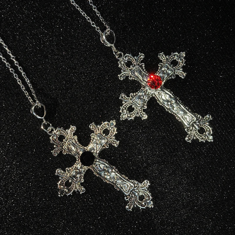 Gothic Big Zircon Cross Necklace Unisex Y2K Irregular Goth Large Cross Pendant Necklaces  for Men Women Couple Necklace Jewelry