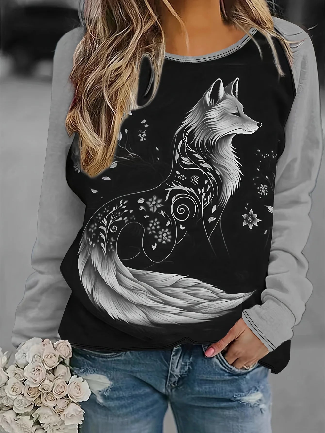 Women's 2024 sleeves stitching fox print round neck long sleeve party autumn casual pullover 3d printing casual fashion tops
