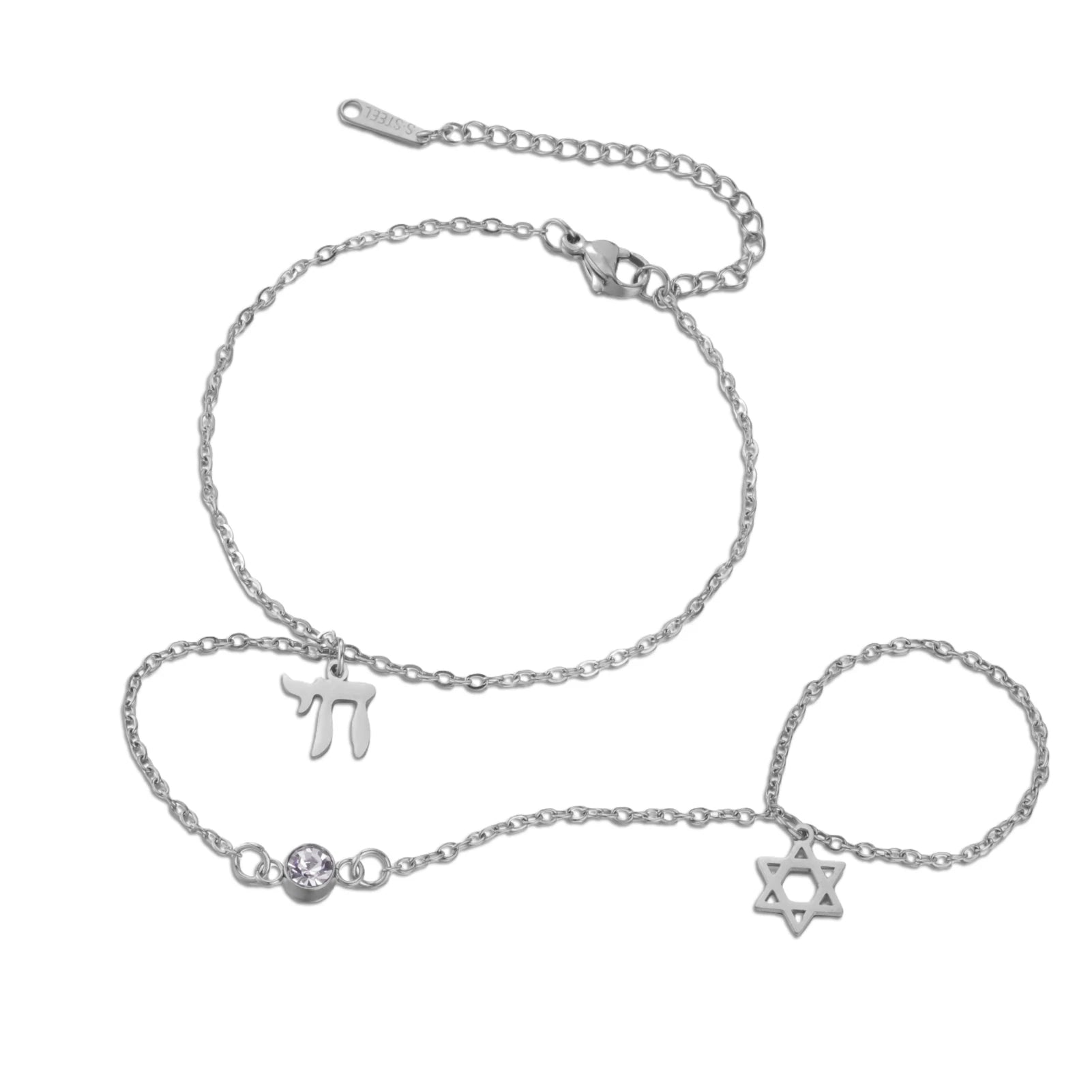 Skyrim Star of David Chai Clear Zircon Finger Bracelet Women Stainless Steel Gold Color Bracelets Amulet Jewish Jewelry Gift