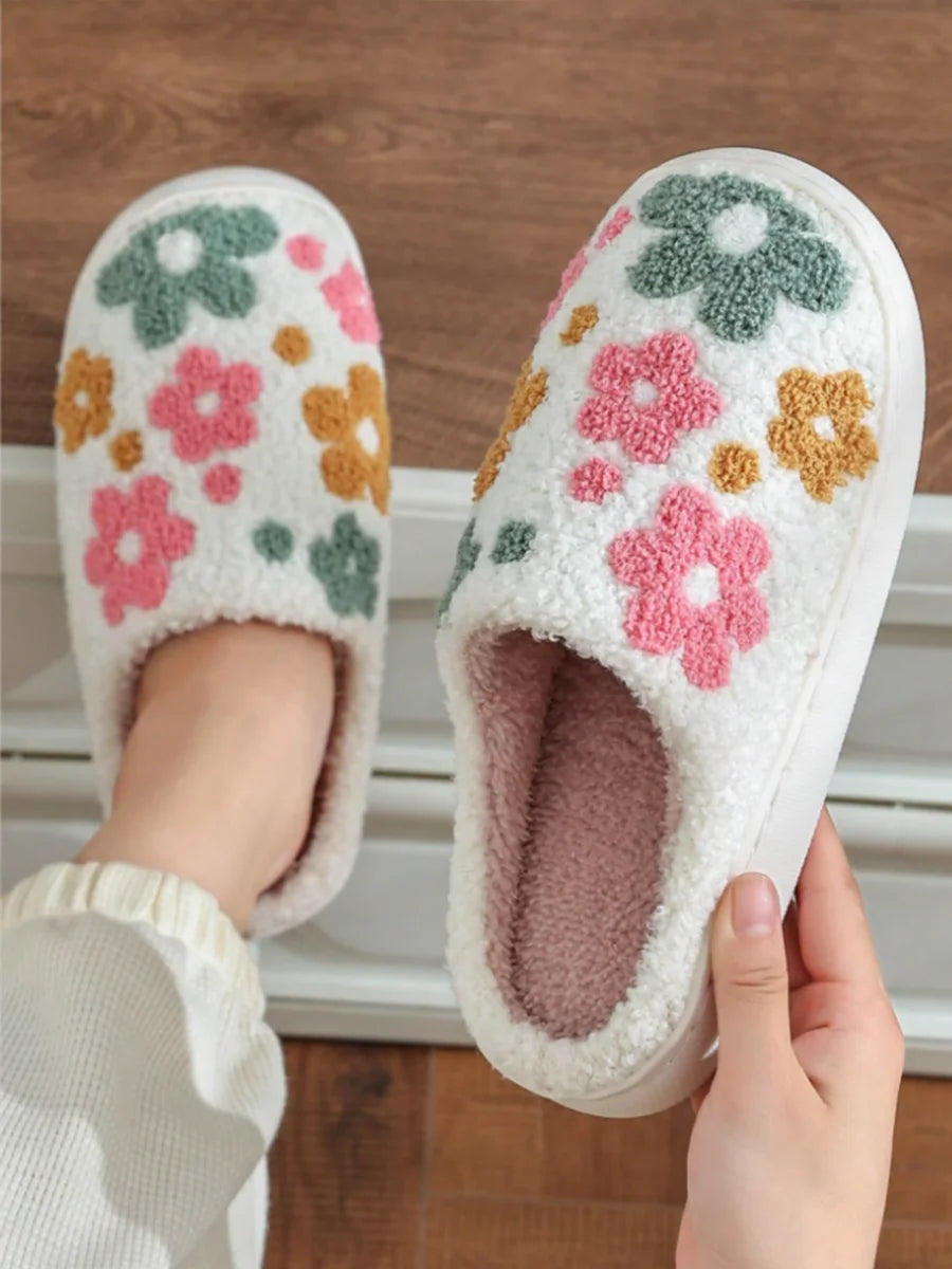 Women's Winter Slippers New Comfortable Home Cute Colorful Flowers Winter Couple's Warm Indoor