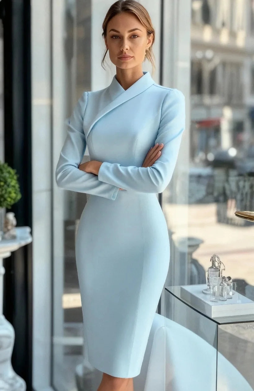 Office Lady Bodycon Midi Dresses For Women 2025 Fashion Solid Color Long Sleeve Slim Party Pencil Dress Elegant