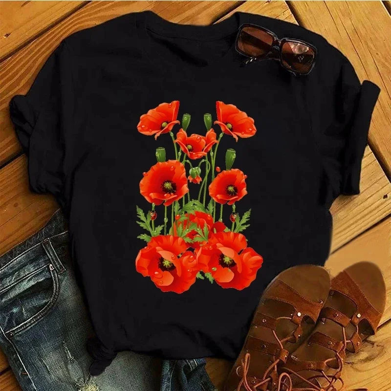 Female Short Sleeve Tshirt Harajuku Tee Shirts Girls T-shirts Fashion Red Poppy Women T Shirt Funny Black Printed Tops Tee