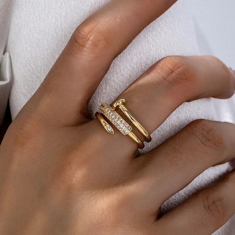 Micro inlaid zircon three circle nail opening ring, personalized light luxury ring for women, light luxury jewelry